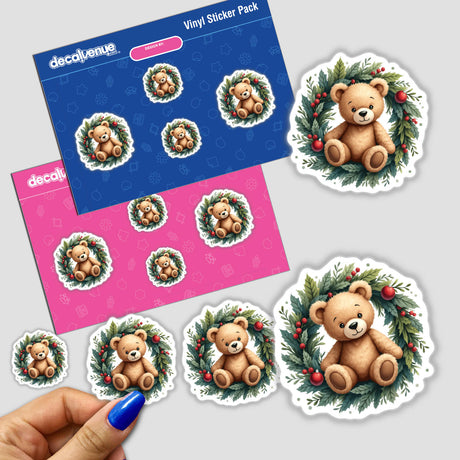 Teddy Bear in a Christmas Wreath sticker, featuring a cartoon teddy bear nestled in a festive wreath, available as stickers or digital artwork from Decal Venue's unique collection.