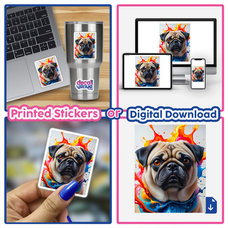 A collage featuring A Cute Pug - Animal Portrait displayed on a laptop screen, highlighting its availability as unique stickers or digital artwork from Decal Venue.