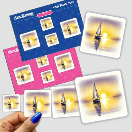 Serene Sailboat at Sunrise - Minimalist Boho Watercolor sticker pack showcasing various sailboat designs on water.