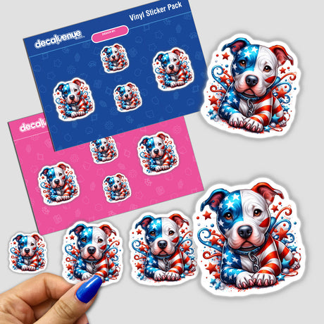 Colorful sticker pack featuring patriotic American flag-themed Pitbull dog digital artwork on a white background. The pack includes various sticker designs showcasing the Pitbull dog's friendly and joyful expression.