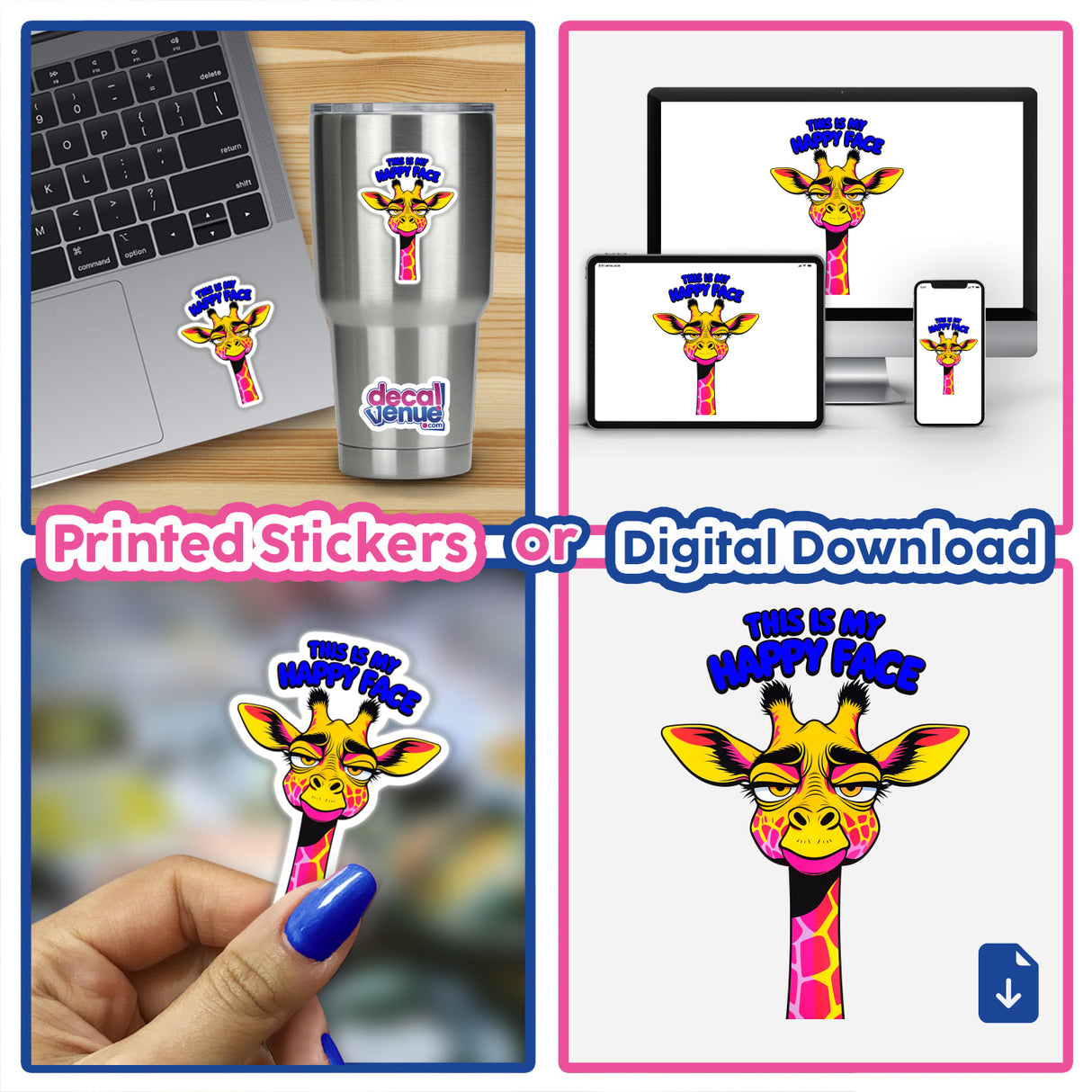 This Is My Happy Face Cute Grumpy Giraffe sticker on a laptop keyboard, showcasing a cartoon giraffe design available as stickers or digital artwork from Decal Venue.