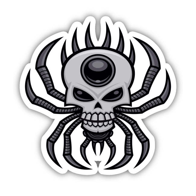 Cartoon illustration of a skull entwined with spider legs, titled Skull Spider, available as part of a sticker pack or individually.