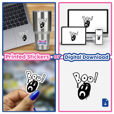 Collage featuring a Boo Ghost Face sticker on a laptop, showcasing Decal Venue's unique sticker and digital art collection.