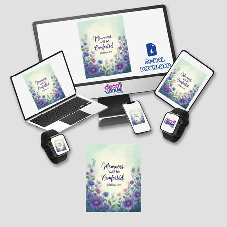 Fauvist Spring Pansy “Mourners Will Be Comforted” Matthew 5:4 Sticker or Clipart displays vibrant floral artwork on a computer monitor and laptop, highlighting its digital and sticker format.