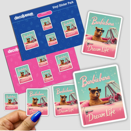 Barbiebara Dream Life Sticker or Clipart depicts a whimsical bear in a car, wearing sunglasses, embodying a cute capybara Barbie parody design. Available as stickers or digital artwork.
