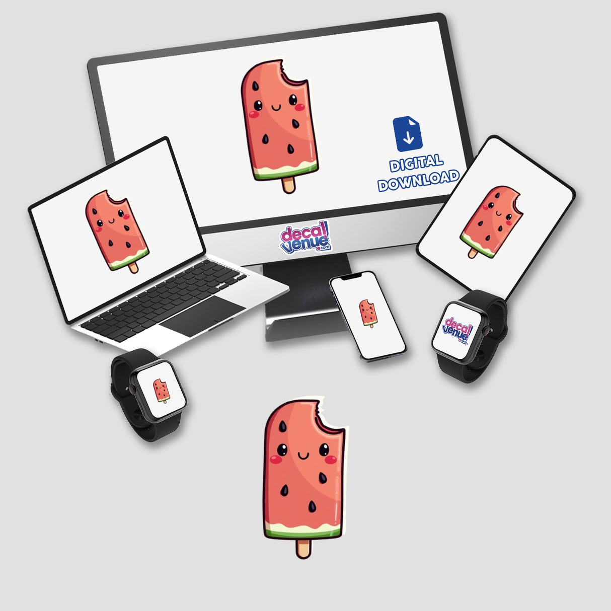 Kawaii Watermelon Popsicle Sticker displayed on a laptop screen alongside cartoon ice cream, reflecting Decal Venue's unique summer snack art collection. Available as stickers or digital artwork.