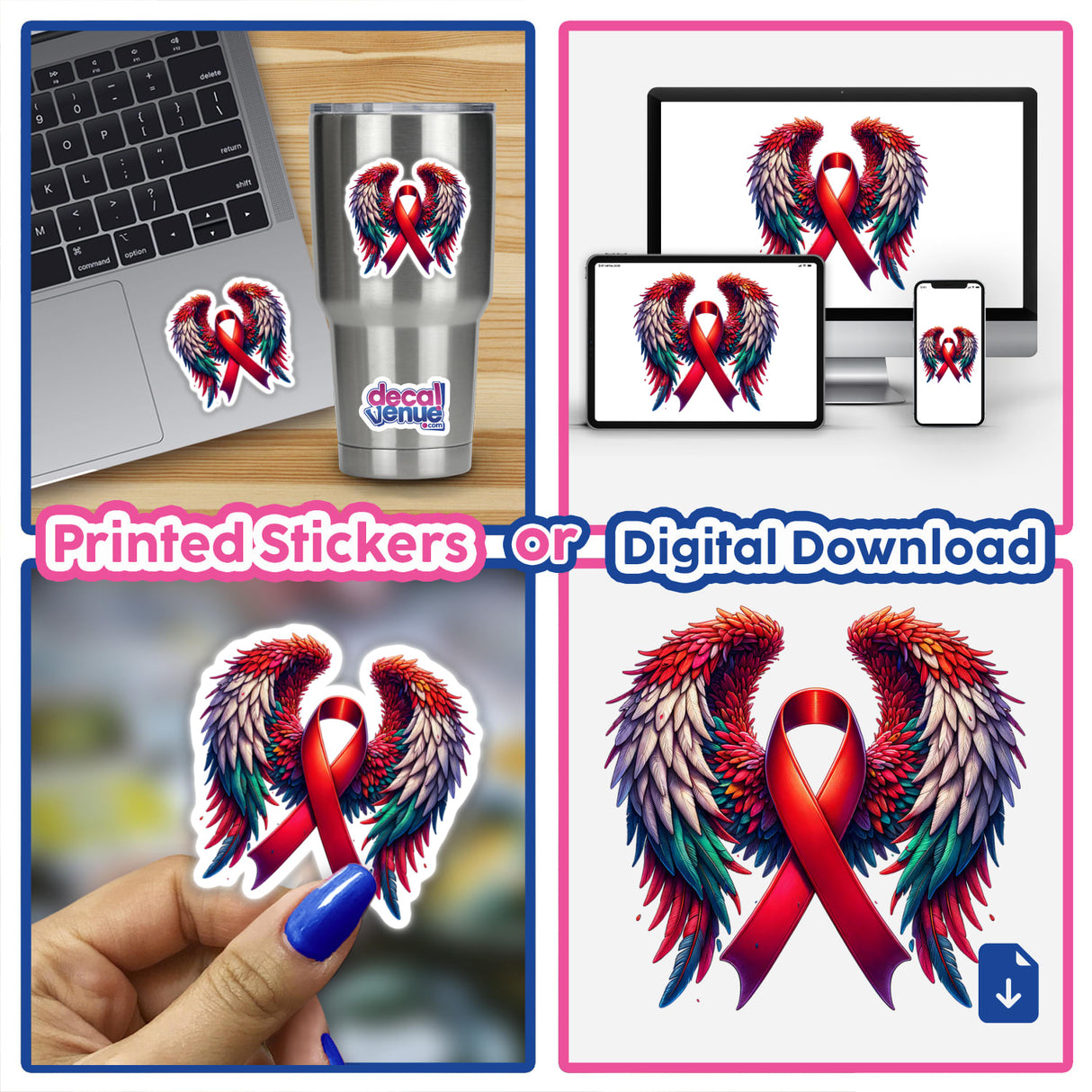 Red Awareness Ribbon with Wings featured as a vinyl sticker on a laptop, showcasing its intricate design, also available as digital artwork from Decal Venue.