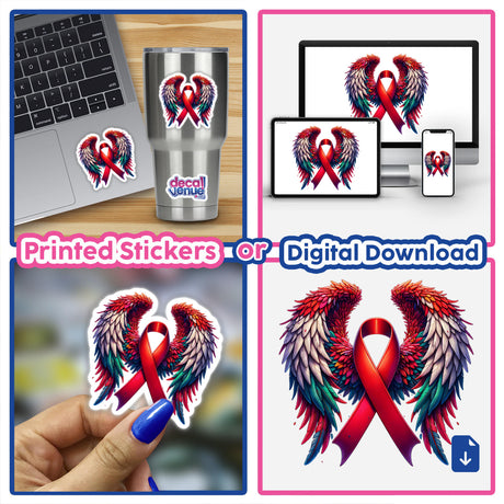 Red Awareness Ribbon with Wings featured as a vinyl sticker on a laptop, showcasing its intricate design, also available as digital artwork from Decal Venue.