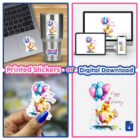Colorful digital artwork of a happy birthday chick with balloons, featured on various devices and stickers. The product is showcased in the image from the Decal Venue store, which offers unique stickers and digital art created by talented designers.