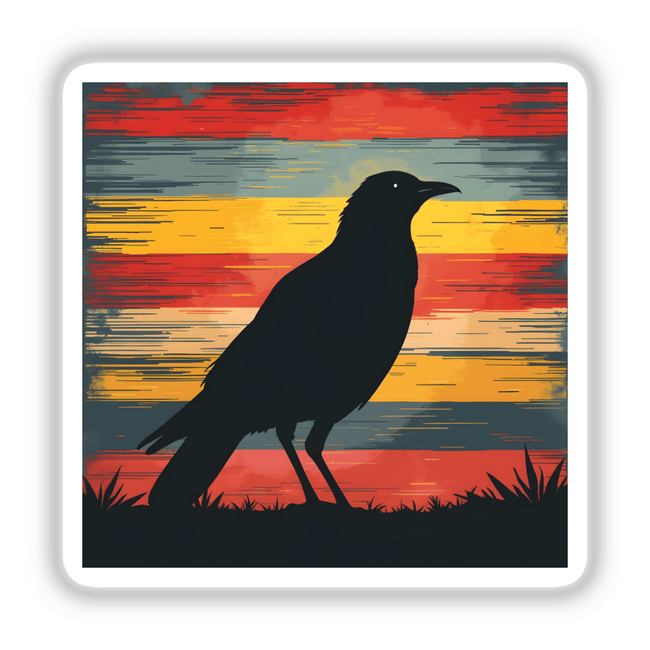 Bird Silhouette with Vibrant Stripes: a black bird standing on grass, available as stickers or digital artwork.