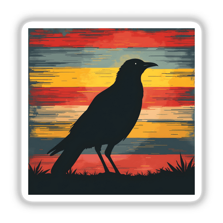Bird Silhouette with Vibrant Stripes: a black bird standing on grass, available as stickers or digital artwork.