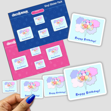 Pastel balloons floating in a blue sky with pink and lavender clouds on a pale cyan background, displayed on a Decal Venue vinyl sticker pack.