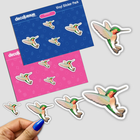 Sticker pack featuring a cartoon hummingbird, available as vinyl stickers or digital art, showcasing a whimsical design suitable for child art collections at Decal Venue.