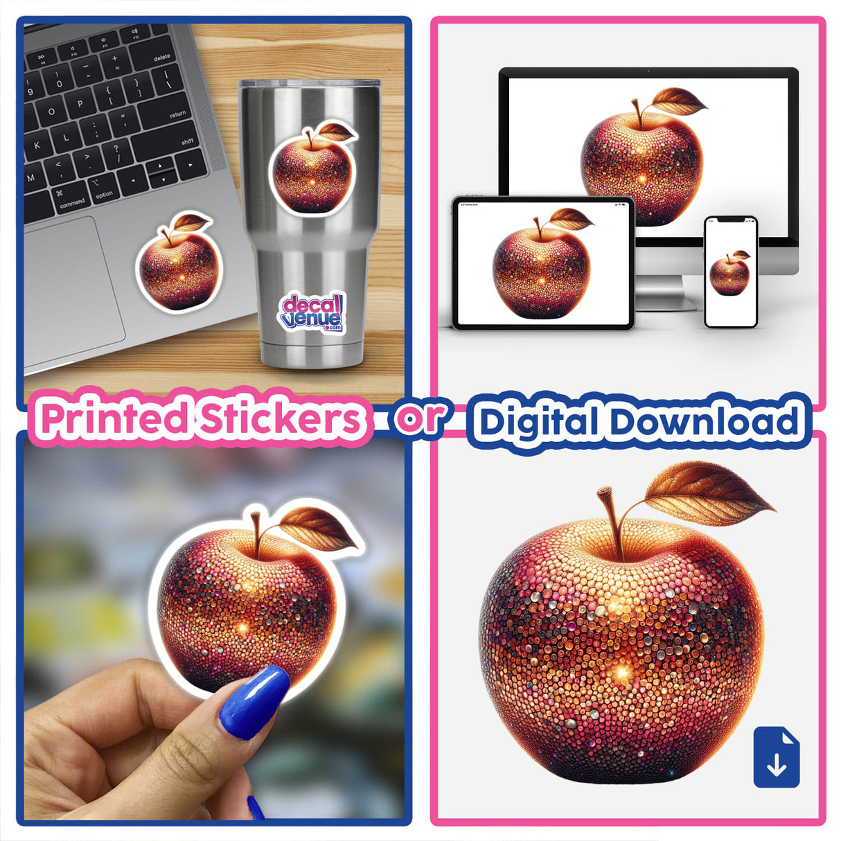 Collage featuring the Artful Mosaic Apple with close-ups of intricate apple designs, including decals and stickers.