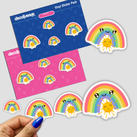 Happy rainbow and smiley sun stickers featuring cartoonish designs, including a sun and rainbow with expressive faces. Available as stickers or digital artwork from Decal Venue.