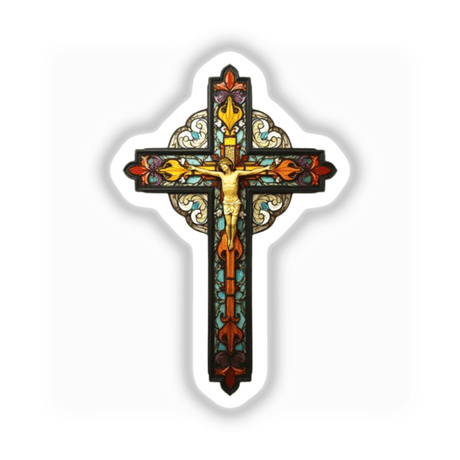 Stained Glass Christian Cross Clipart with Commercial Rights & Christian Sticker, featuring a vibrant cross design, perfect for unique vinyl stickers or digital art from Decal Venue.