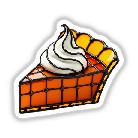 Pumpkin Pie Slice Stained Glass Style featuring a detailed design of a cake slice with whipped cream, available as unique stickers or digital artwork from Decal Venue.