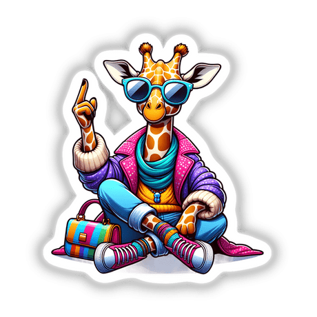 Fashionable Giraffe: A cartoon giraffe wearing sunglasses and a stylish jacket, available as stickers or digital artwork from Decal Venue.