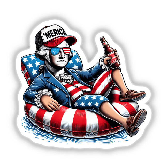 Cartoon of George Washington sitting on a float with an American flag, available as stickers or digital artwork.