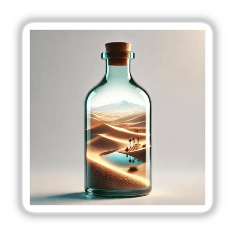 Desert Mirage - Sand Dunes Inside a Glass Bottle: A glass bottle encapsulates a detailed desert landscape with sand dunes, available as unique stickers or digital artwork from Decal Venue.