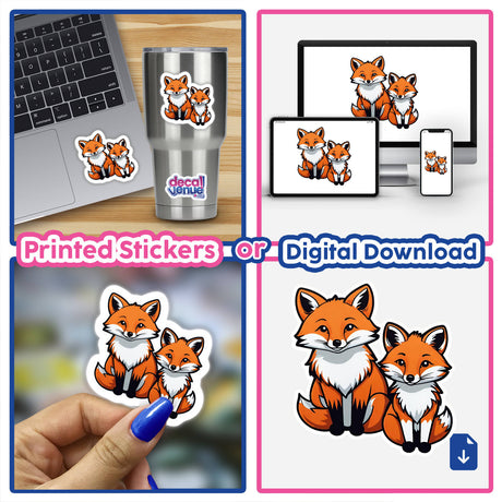 Cute cartoon foxes depicted in various digital formats including printed stickers, laptop decals, and digital download. The images show multiple vibrant orange and white fox characters in different poses and sizes, suitable for use in various applications to express a playful, nature-inspired aesthetic.