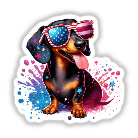 Patriotic American Dachshund Sparkle Dog II features a cartoon dachshund wearing sunglasses, designed as a unique vinyl sticker or digital artwork, capturing playful charm for Decal Venue.