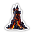 Molten Lava Castle Tower artwork shows a black castle with a pointed roof atop a volcano, exuding lava, available as unique stickers or digital art from Decal Venue.
