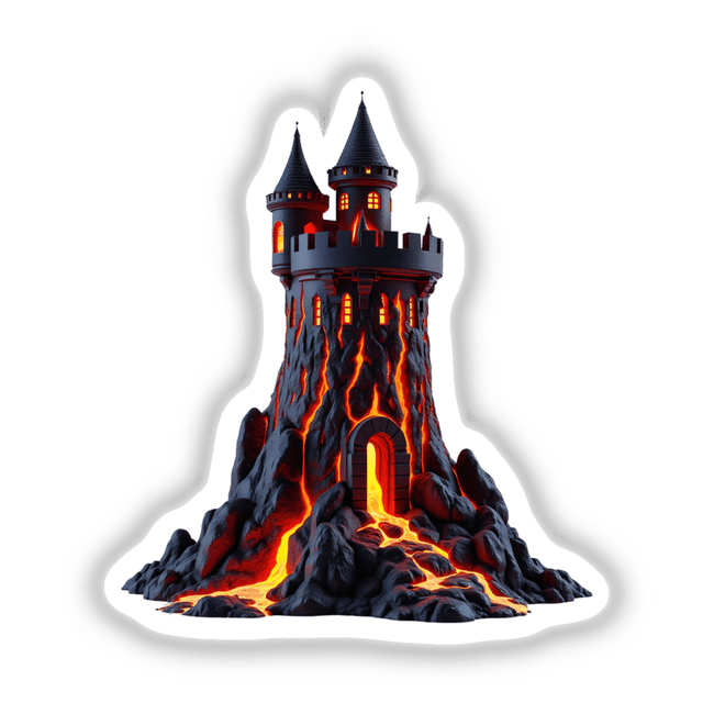 Molten Lava Castle Tower artwork shows a black castle with a pointed roof atop a volcano, exuding lava, available as unique stickers or digital art from Decal Venue.