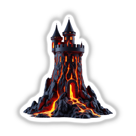 Molten Lava Castle Tower artwork shows a black castle with a pointed roof atop a volcano, exuding lava, available as unique stickers or digital art from Decal Venue.