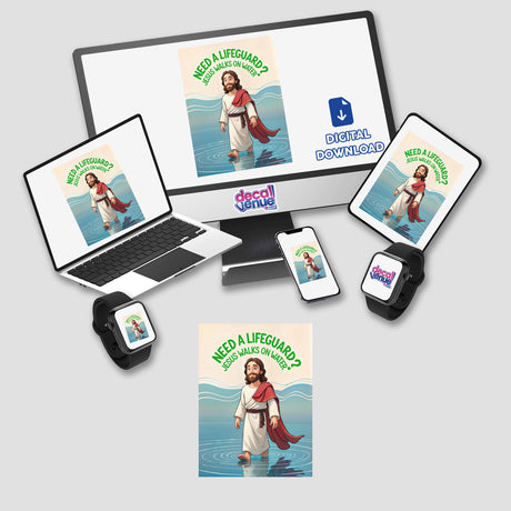 Need A Lifeguard? Jesus Walks On Water Funny Quote depicted on a computer screen showing a cartoon man in water, available as stickers or digital artwork from Decal Venue.