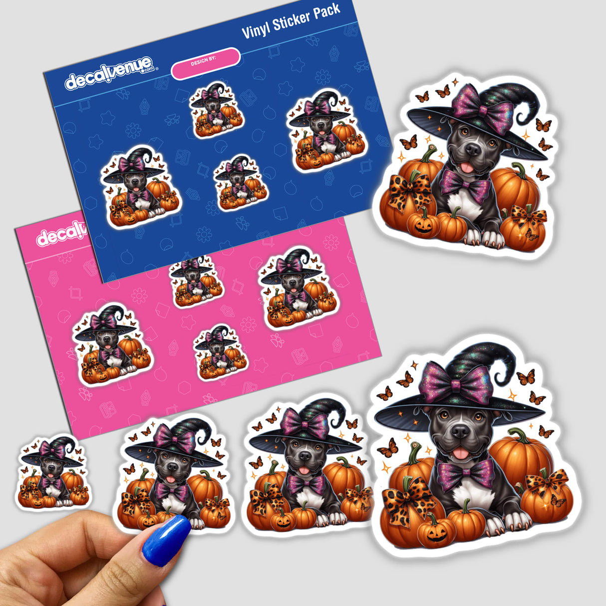 Cute Pitbull dog in Halloween costume with pumpkins and butterflies, digital artworks and stickers created by Pittie Pawty for Decal Venue store.