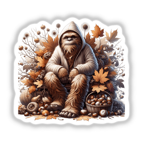 Autumn Sasquatch in Cozy Sweater: Whimsical digital artwork featuring a furry Sasquatch character nestled among vibrant autumn leaves, pine cones, and a basket of nuts, creating a warm and cozy autumnal scene.