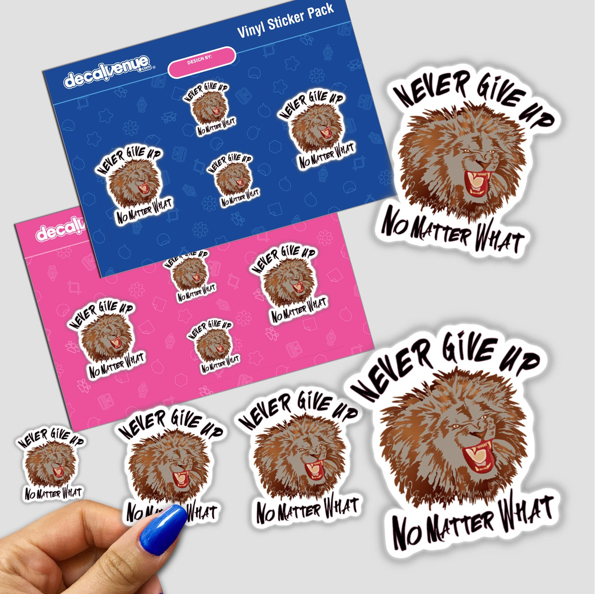 Lion face sticker with open mouth, available as a vinyl decal or digital artwork from 'Decal Venue', showcasing unique and bold design elements fitting for personalizing surfaces.