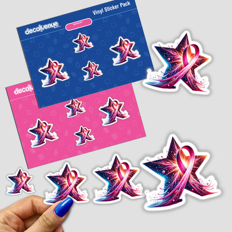 Hand holding Shining Star Pink Ribbon Breast Cancer Awareness stickers, featuring blue and pink stars. Available as vinyl stickers or digital artwork from Decal Venue.