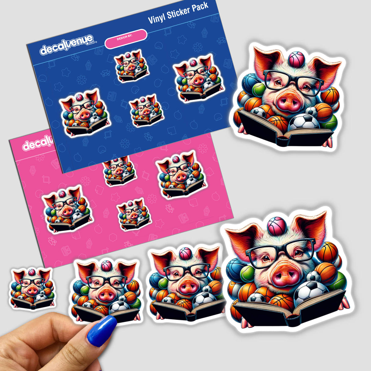 Pig Reading a Book with Glasses and Sports Balls sticker, showcasing a cartoon pig engrossed in a book, wearing glasses, surrounded by sports balls; perfect for creative and educational spaces.