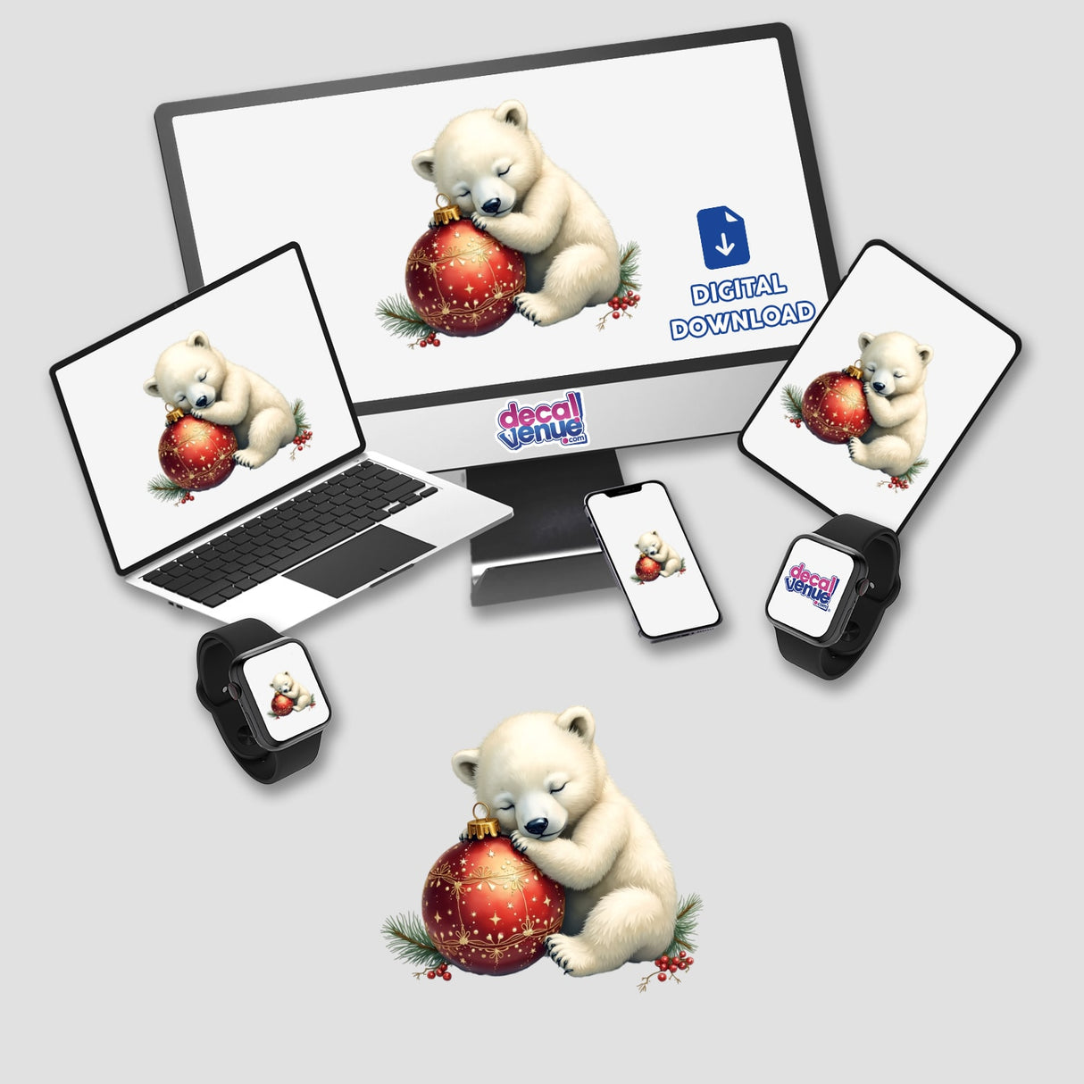 Polar Bear Sleeping on Christmas Ornament depicted on a computer, laptop, phone, and tablet, available as stickers or digital artwork from Decal Venue, specializing in unique stickers and digital art.