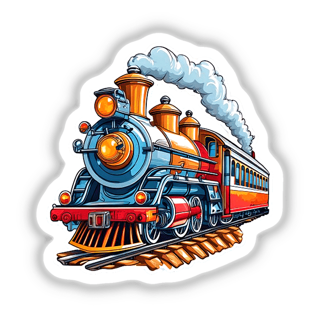Colorful vintage steam locomotive with detailed features and billowing smoke, placed against a transparent background.