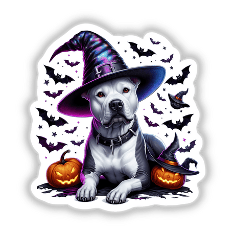 White Pitbull Dog Wearing Witch Hat with Pumpkins and Bats