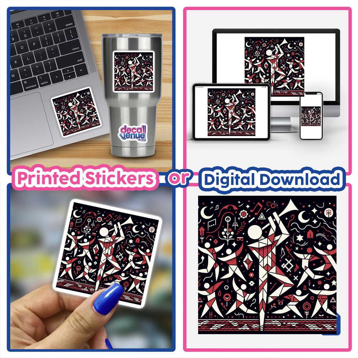 Collage featuring the Abstract band laptop sticker, showcasing a close-up of the sticker on a laptop, a person holding it, and a detailed view of its intricate design.