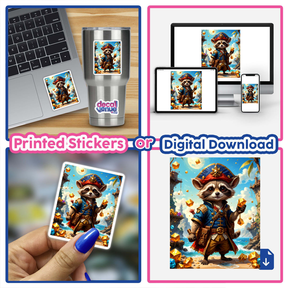 Cute Fantasy Raccoon Pirate sticker on a laptop keyboard, featuring a cartoon raccoon in pirate attire, embodying Decal Venue's unique vinyl sticker artistry.