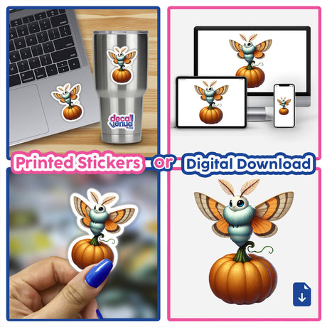 Moth Standing on Pumpkin sticker collage featuring a cartoon moth on a pumpkin. Ideal for fall decor or Halloween projects. Available as stickers or digital downloads.