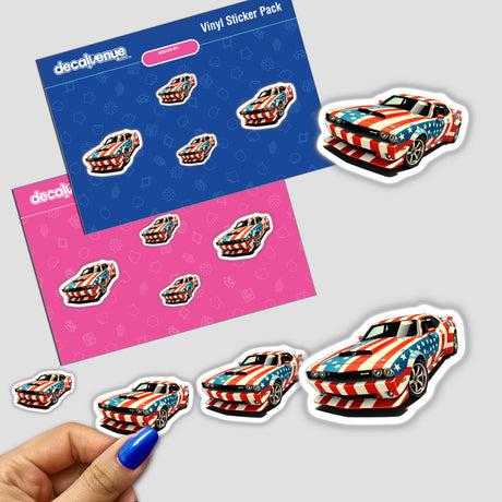 Sticker pack featuring cars, including A Cool American Flag Muscle Car, held in a hand, highlighting unique vinyl stickers available from Decal Venue.