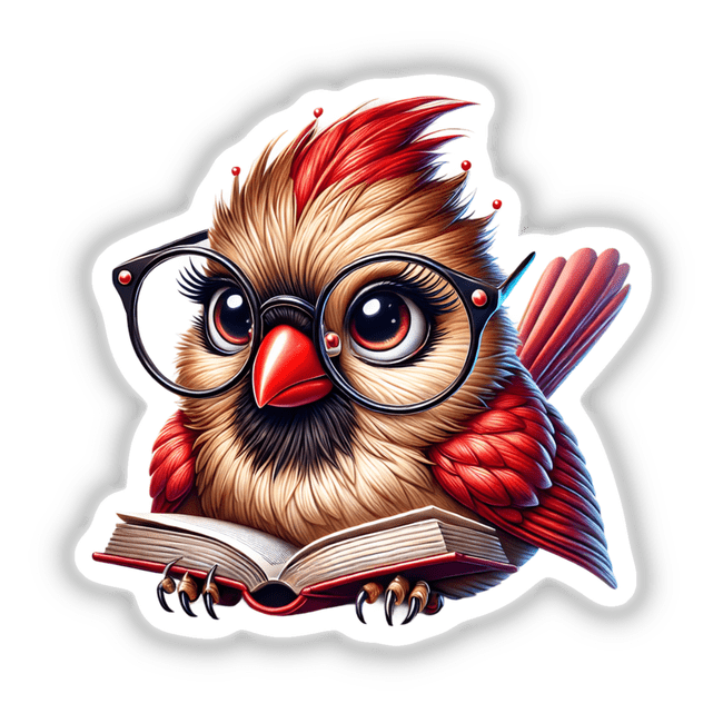 Female Cardinal in Reading Glasses Open Book
