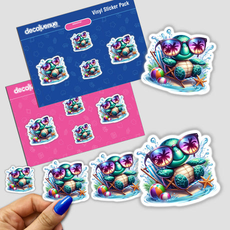 Sea Turtle Chillin in Beach Chair sticker, featuring a cartoon turtle wearing sunglasses, seated on a beach chair. Part of a unique collection from Decal Venue, available as stickers or digital artwork.