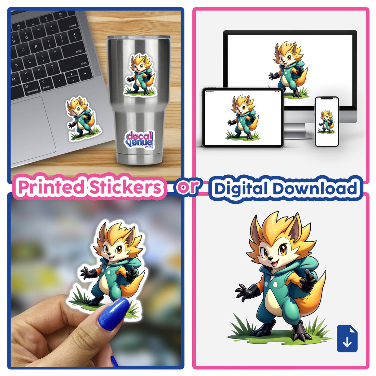 Furry Fighter - Spike Fury The Hedgehog features in a collage of cartoon stickers, showcasing a dynamic fox character, available as unique vinyl stickers or digital artwork from Decal Venue.