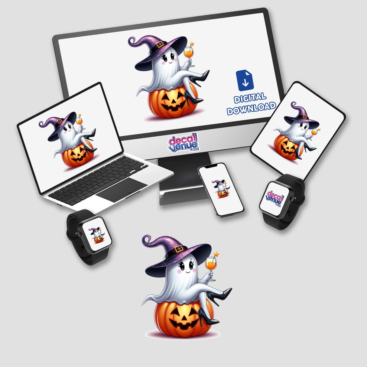 Sassy Halloween Ghost Witch w/ Wine Glass digital artwork showing a cartoon ghost sitting on a pumpkin, featured on a laptop and monitor screen. Available as stickers or digital artwork.