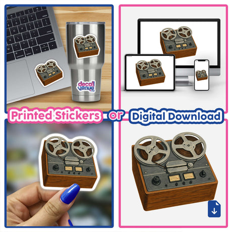 Reel-to-Reel Tape Recorder Clipart PNG & Sticker – Vintage 1950s Audio Printable, showcasing a detailed close-up of the classic Ampex recorder, perfect for collectors and retro enthusiasts.