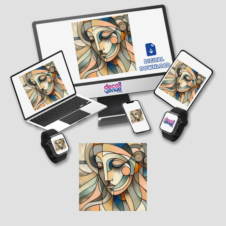 Reflection digital artwork displayed on a computer monitor and laptop, featuring a woman's face. Available as stickers or digital art from Decal Venue.
