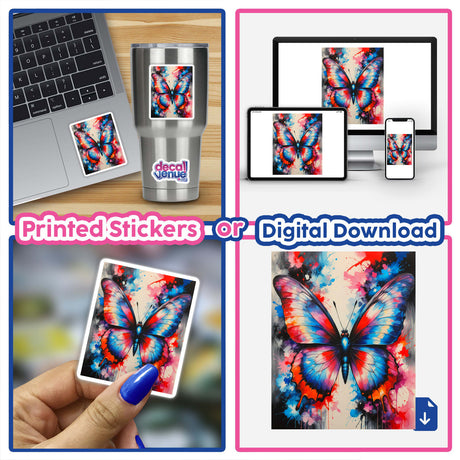 Collage featuring A Pretty Colorful Butterfly as stickers or digital artwork, displayed on laptops, a stainless steel cup, and a mobile phone, showcasing its versatile decorative appeal.