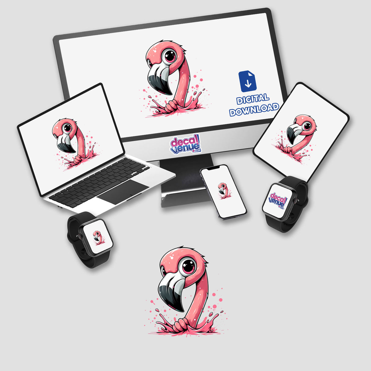 Cute illustrated pink flamingo peeking out in various electronic device mockups, including a laptop, mobile phone, and smartwatch. The Decal Venue logo and "Digital Download" text are also visible, indicating this is a digital artwork or sticker design available for purchase or download from the Decal Venue store.